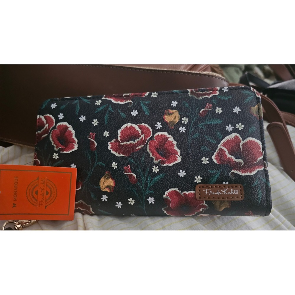 Monarque Frida Kahlo Poppies Wristlet Wallet Vegan Leather Floral Black 84007